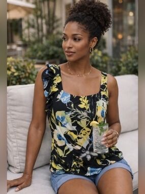 Black Floral Ruffle-Shoulder Camisole with Yellow & Blue Print, Size L.